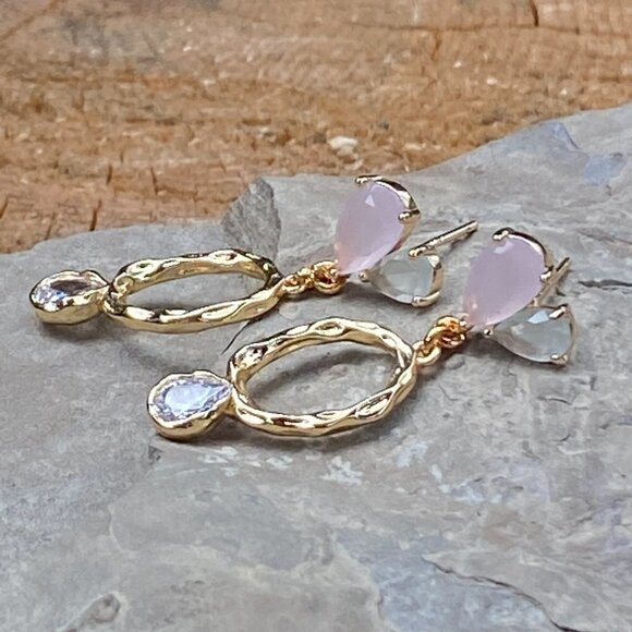 Plated Hammered Gold with Cubic Zircon Stone Stud Earrings - Picture 5 of 10